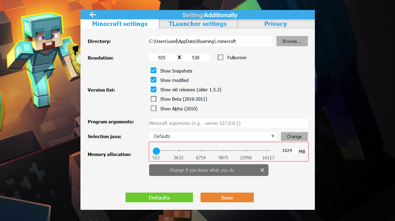 Configurações do TLauncher