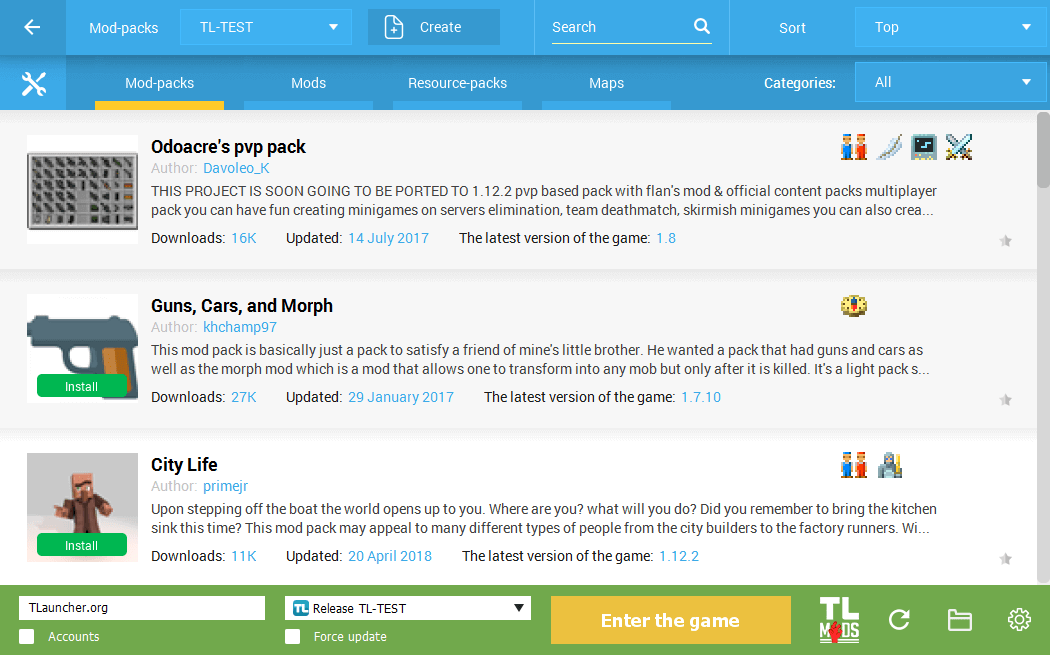 Navegador de modpacks do TLauncher